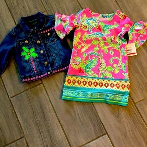 Colorful Paisley Kids Casual Dress with Denim Jacket